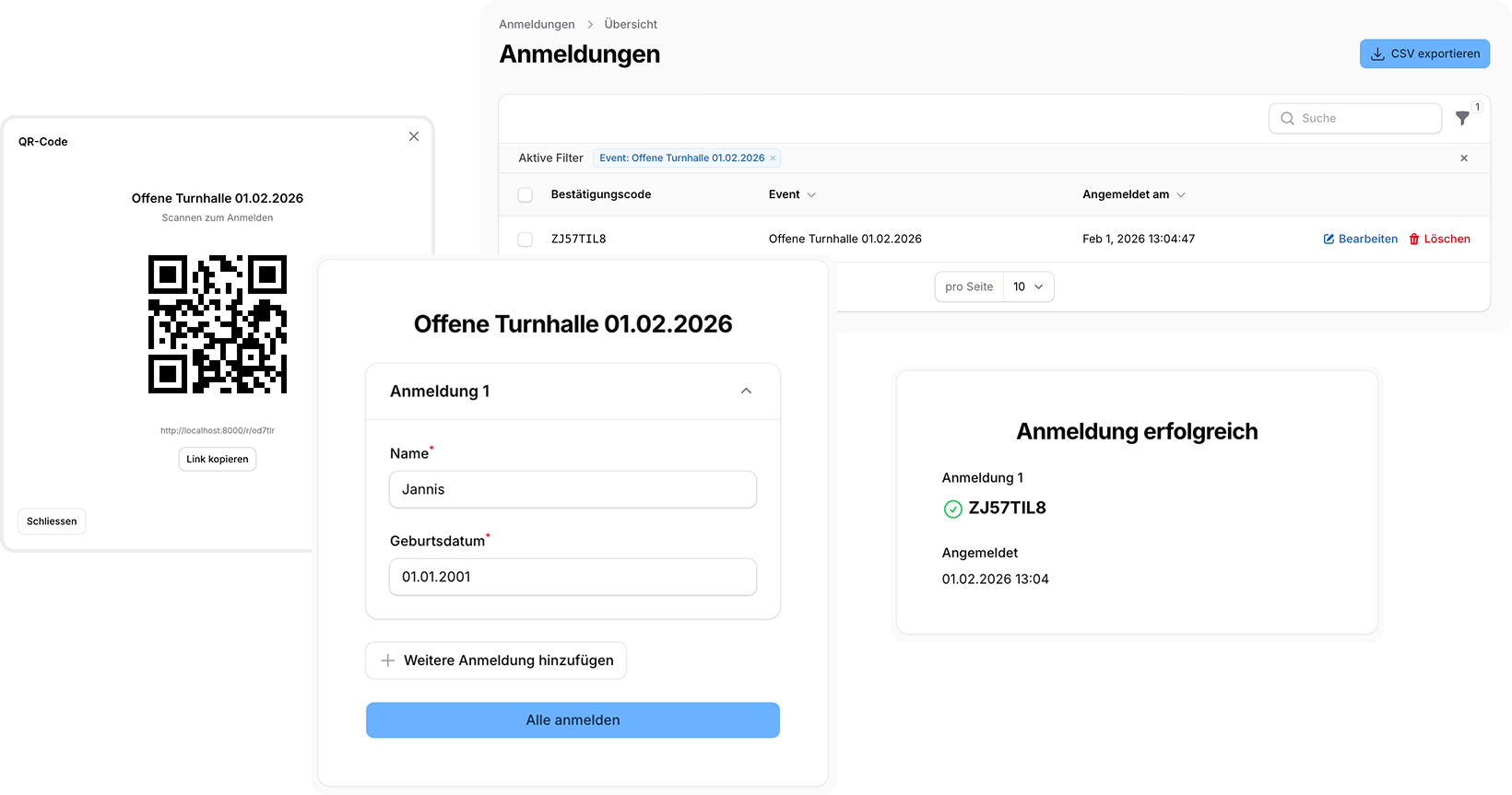 Eintrittli App: QR-Code, Anmeldeformular, Bestätigung und Anmeldungs-Übersicht