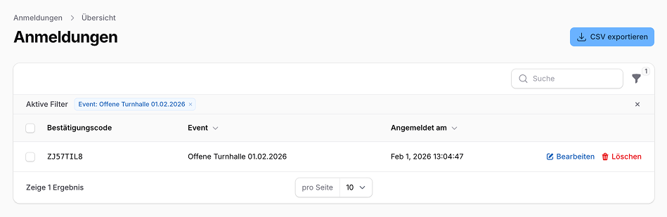 Screenshot: Anmeldungs-Übersicht mit CSV-Export